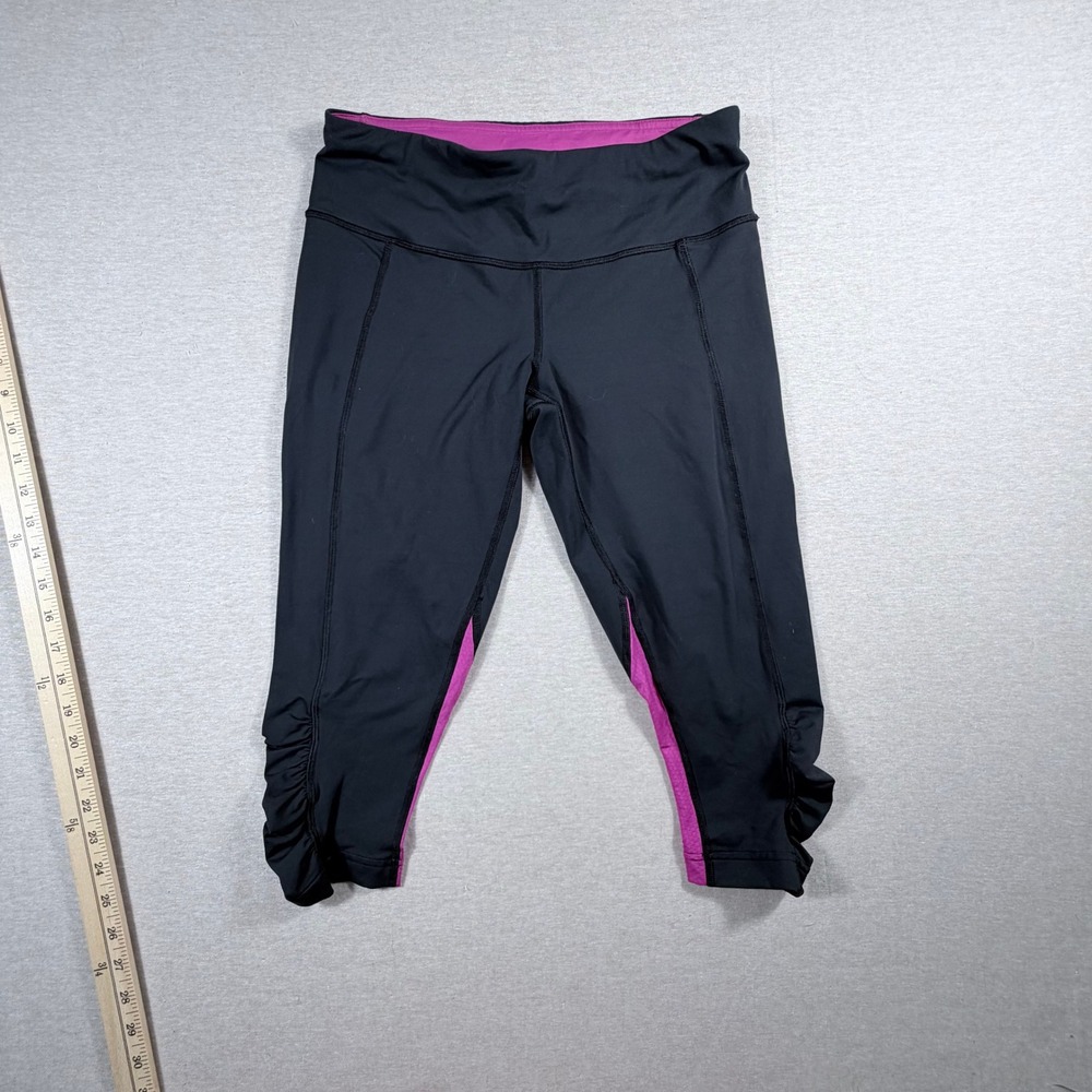 Lululemon Run Inspire Crop II Black Pink Mesh Ruched Leggings Size 6 Yoga Gym